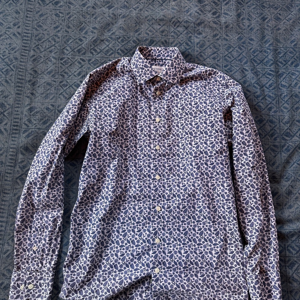 Eton Men's White and Blue Geometric Shirt